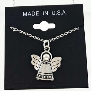 Antiqued Silver Tone Winged Angel Necklace